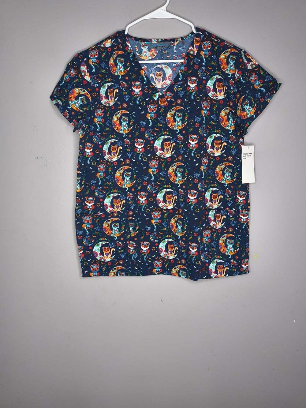 Serene Uniform Navy Blue Scrub Top Colorful Cats, Owls, And Crescent Moons Small